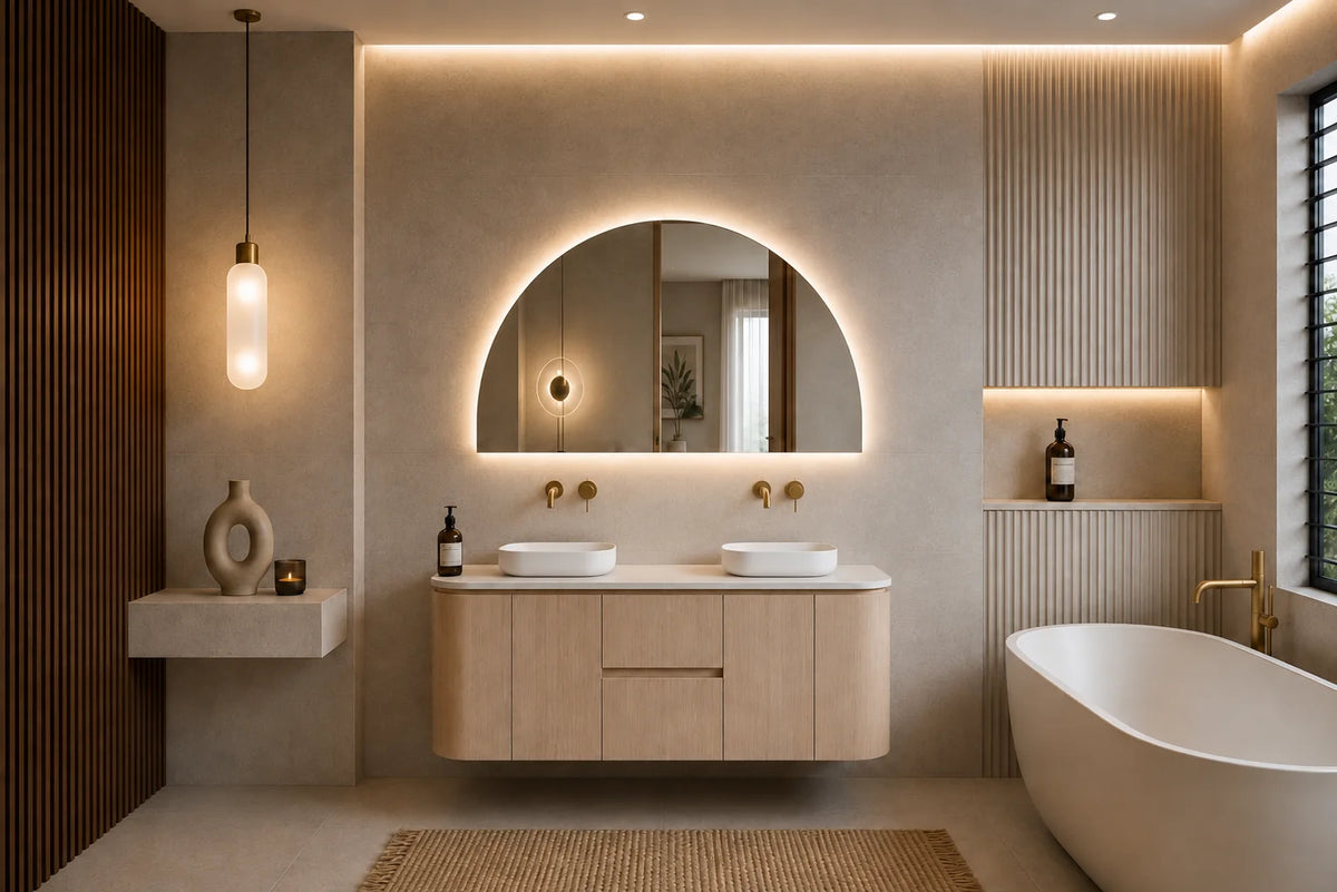 Lukka Ravello 1200mm Sandy Oak plywood wall hung vanity detail view; top and basin sold separately