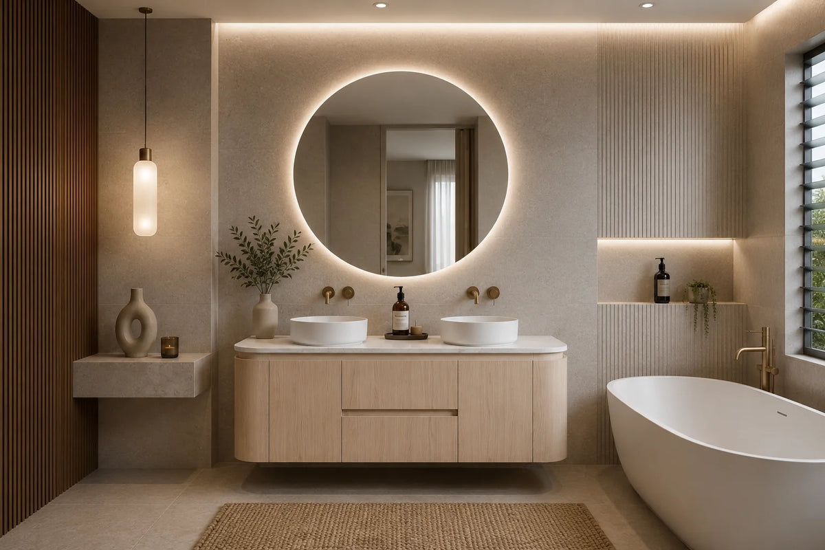 Lukka Ravello 1500mm Sandy Oak plywood wall hung vanity detail view; top and basin sold separately
