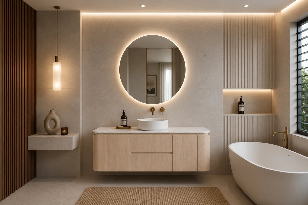 Lukka Ravello 1500mm Sandy Oak plywood wall hung vanity detail view; top and basin sold separately