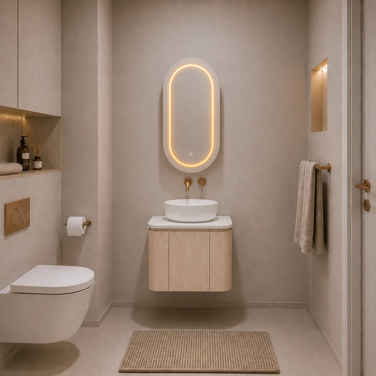Lukka Ravello 600mm Sandy Oak plywood wall hung vanity bathroom setting; top and basin sold separately