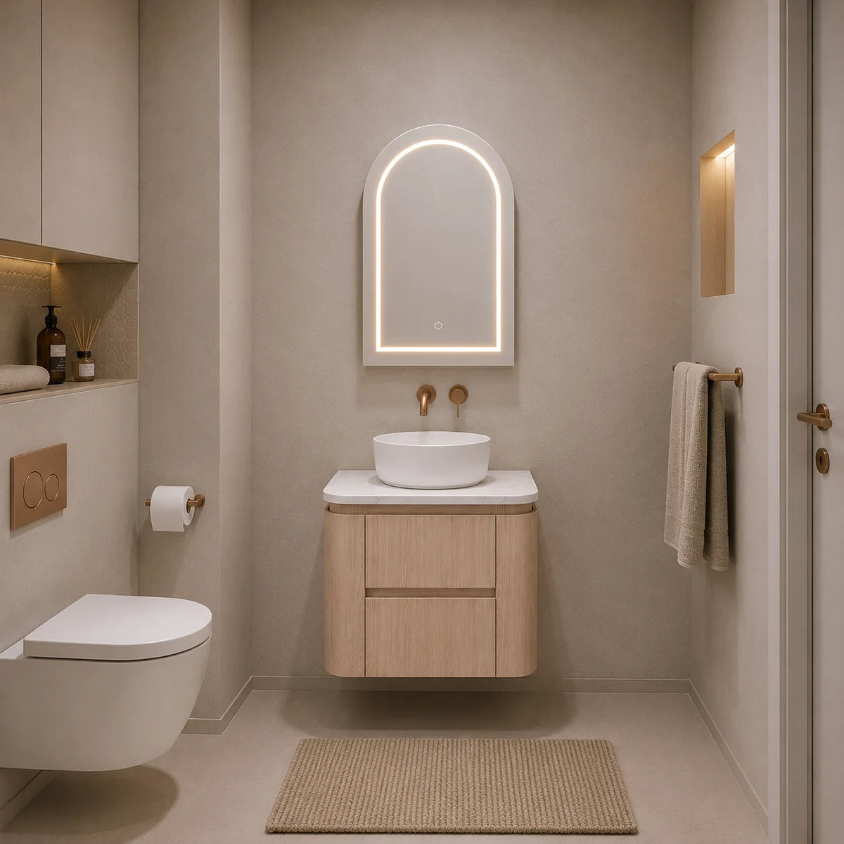 Lukka Ravello 750mm Sandy Oak plywood wall hung vanity bathroom setting; top and basin sold separately