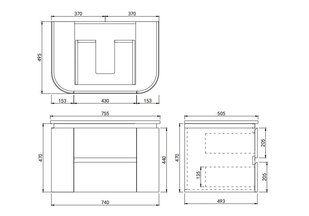 Lukka Ravello 750mm Sandy Oak plywood wall hung vanity dimensions drawing; top and basin sold separately