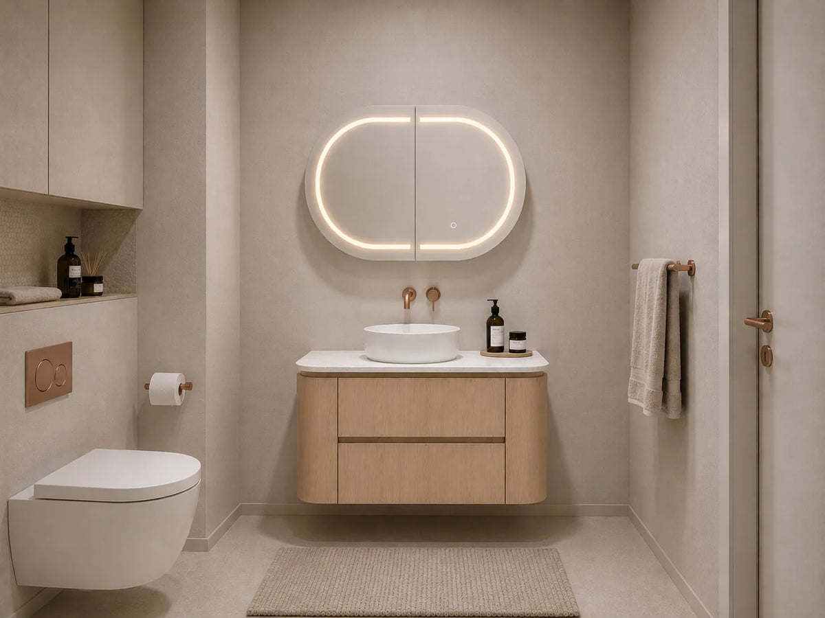 Lukka Ravello 900mm Sandy Oak plywood wall hung vanity bathroom setting; top and basin sold separately