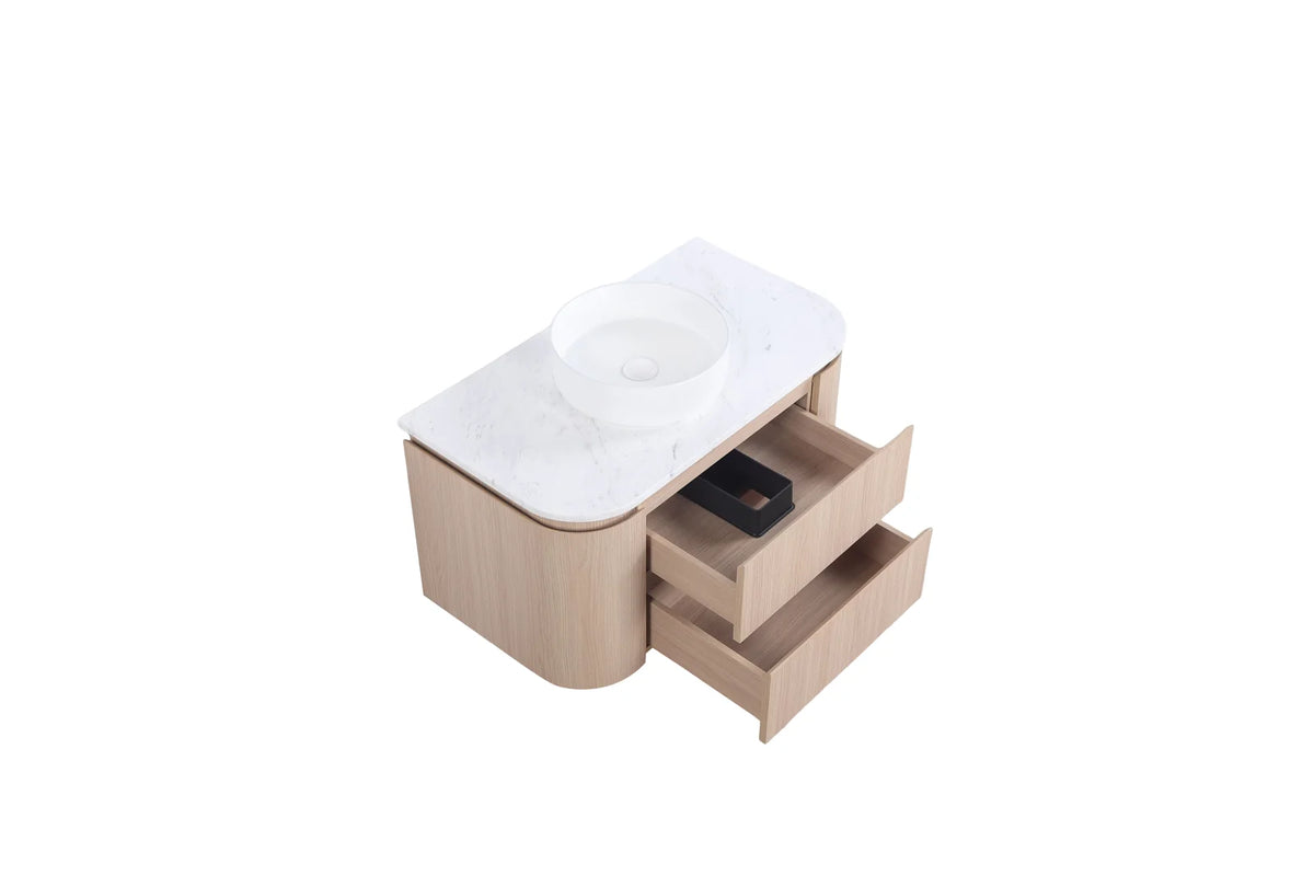 Lukka Ravello 900mm Sandy Oak plywood wall hung vanity detail view; top and basin sold separately