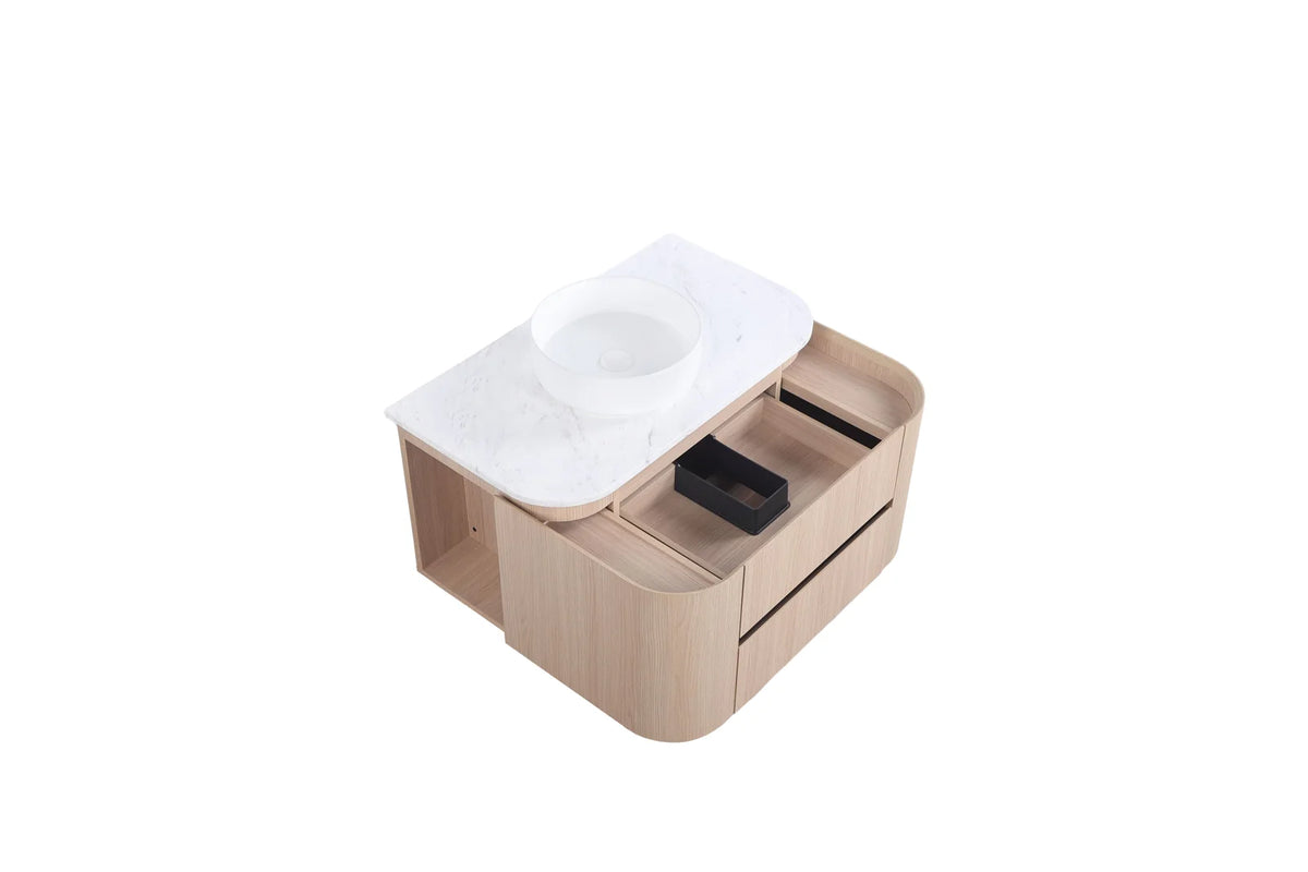 Lukka Ravello 900mm Sandy Oak plywood wall hung vanity detail view; top and basin sold separately