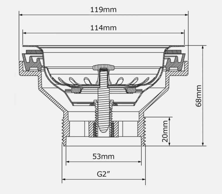 Lukka sink waste technical dimensions: 119mm diameter, 68mm height and G2 inch connection