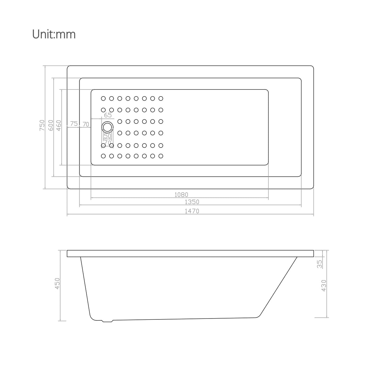 Lukka Viva VB1470 1470mm island bath dimension drawing