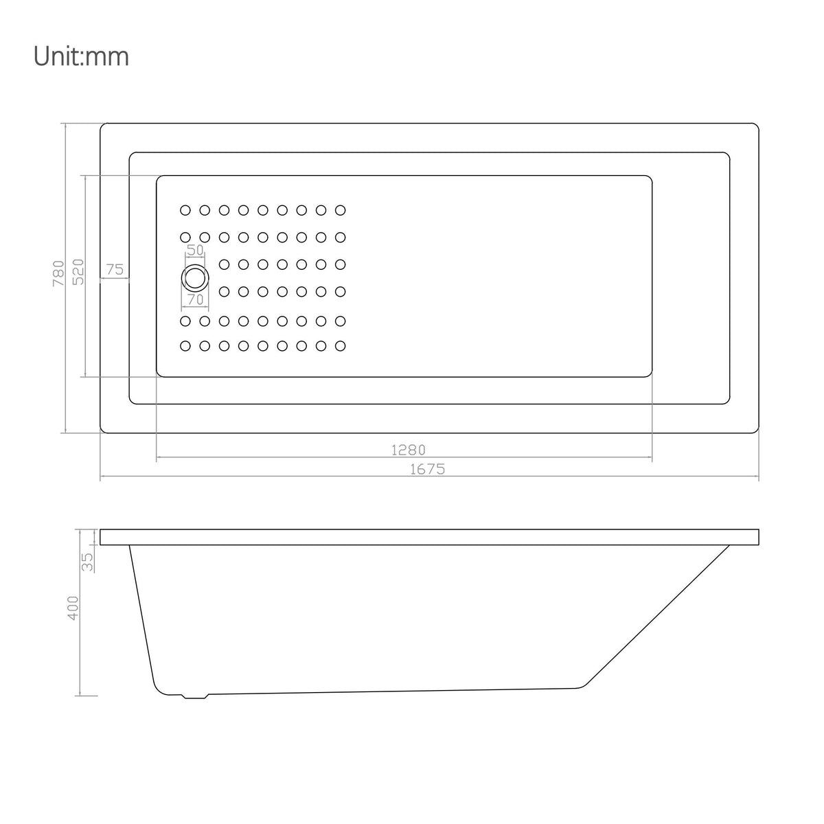 Lukka Viva VB1675 1675mm island bath dimension drawing