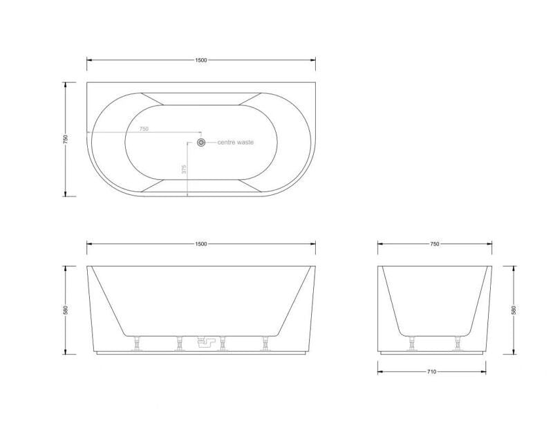 Technical diagram showing dimensions for the Broadway Mallorca Fluted Spa Bath 1500mm