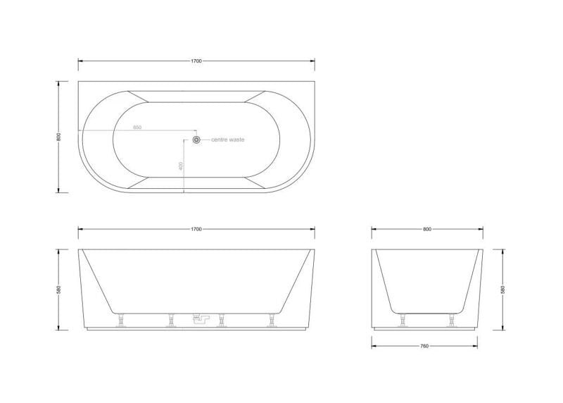 Technical diagram showing dimensions for the Broadway Mallorca Fluted Spa Bath 1700mm
