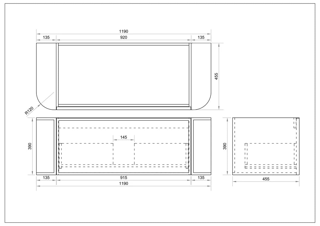 Detailed technical drawing for Mercio Elva Curved Wall-Hung Vanity (1190mm width, EL-120W-NO), providing precise measurements for width, depth, height, and the layout of its single soft-close drawer.