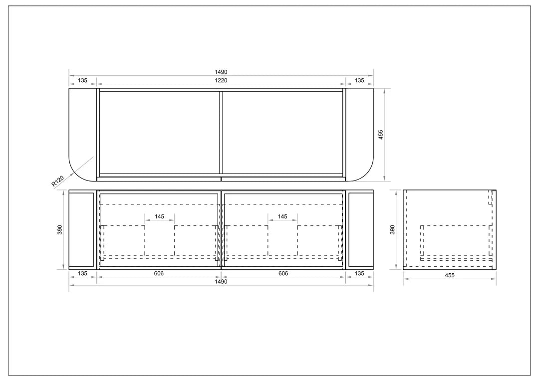 Detailed technical drawing for Mercio Elva Curved Wall-Hung Vanity (1490mm width, EL-150W-NO), providing precise measurements for width, depth, height, and the layout of its two spacious soft-close drawers.