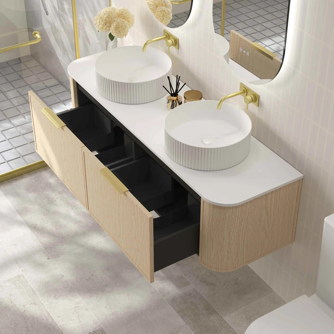 Top-down view of the Mercio Elva 1490mm Curved Wall-Hung Vanity in Natural Oak with two spacious soft-close drawers open, revealing ample and organized interior storage.