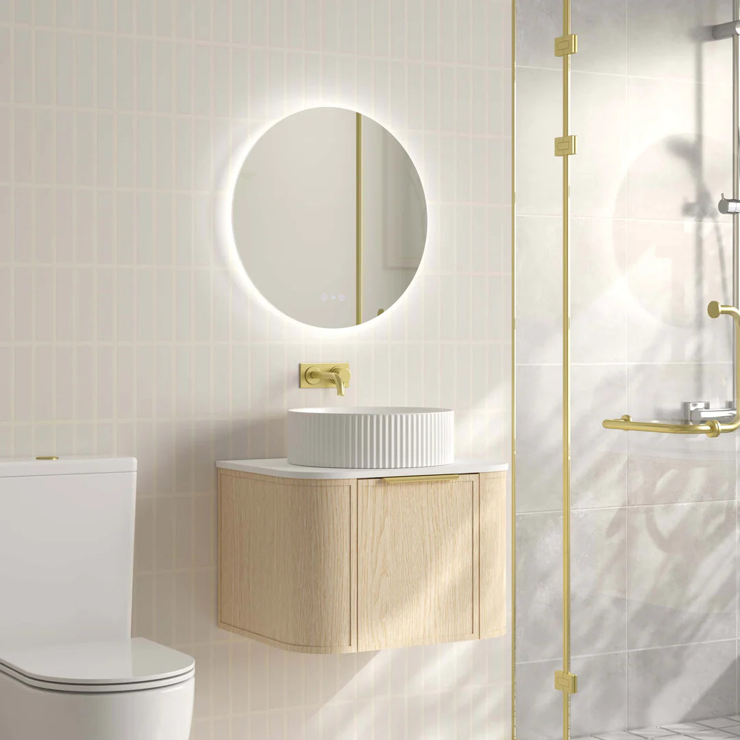 Side view of Mercio Elva 590mm Curved Wall-Hung Vanity in Natural Oak, illustrating its elegant curved profile, space-saving wall-hung design, and seamless integration with a modern bathroom.