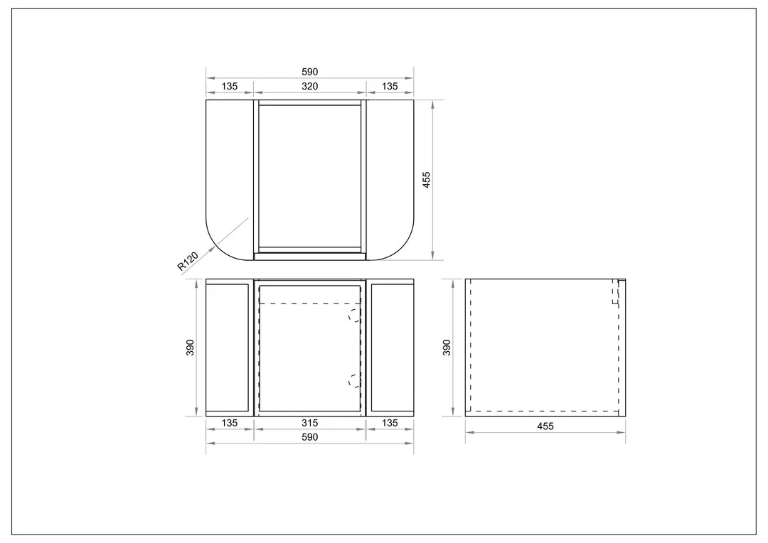 Detailed technical drawing for Mercio Elva Curved Wall-Hung Vanity (590mm width, EL-60W-NO), providing precise measurements for width, depth, height, and the layout of its single soft-close door.