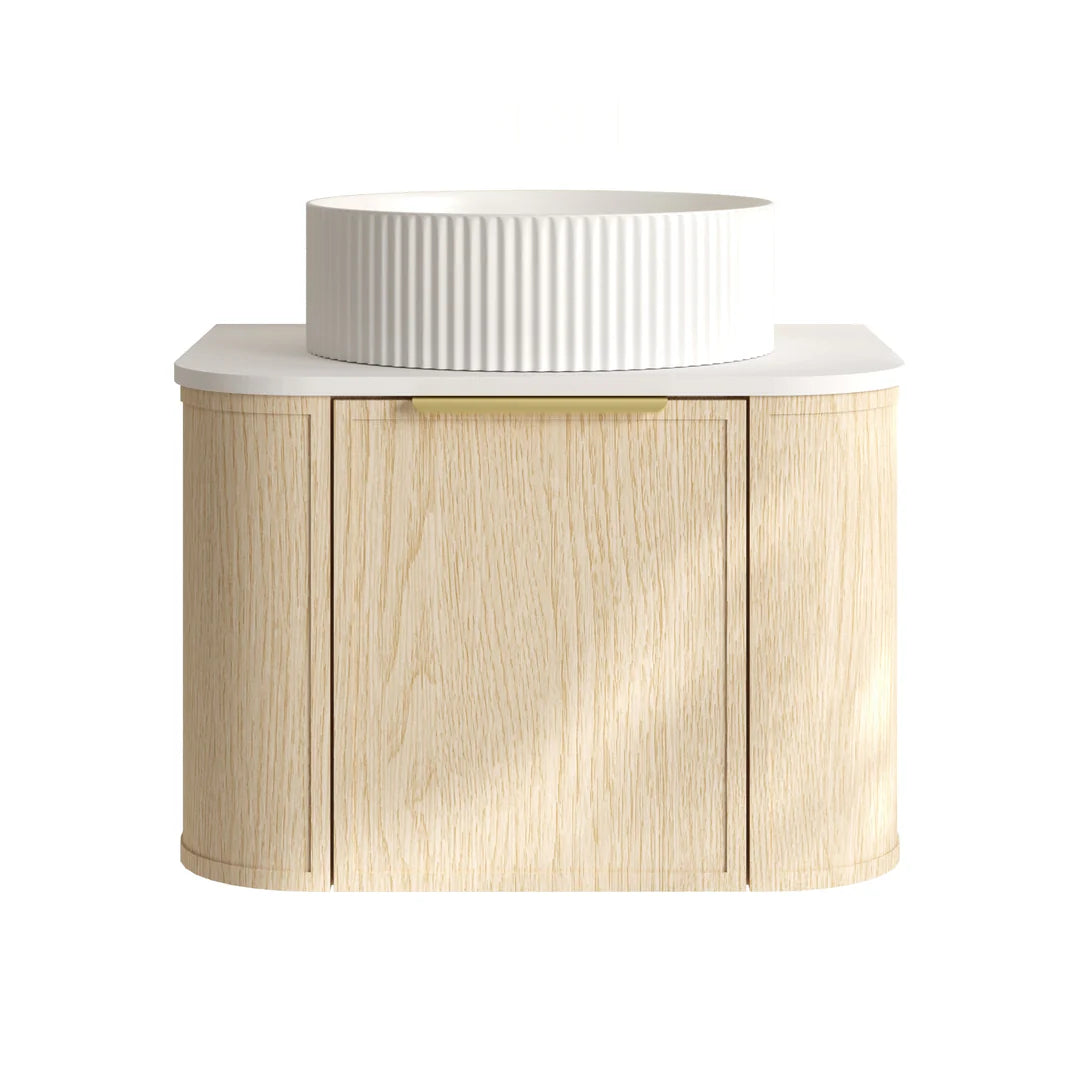 Front view of the Mercio Elva 590mm Curved Wall-Hung Vanity in Natural Oak, highlighting its sleek single soft-close door, premium rounded edges, and ready for a counter-top basin.