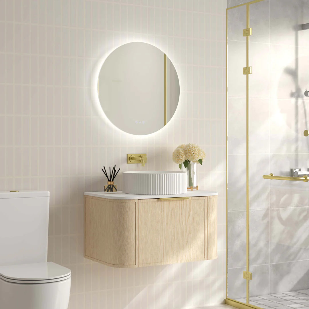 Side view of Mercio Elva 740mm Curved Wall-Hung Vanity in Natural Oak, illustrating its elegant curved profile, space-saving wall-hung design, and seamless integration with a modern bathroom.