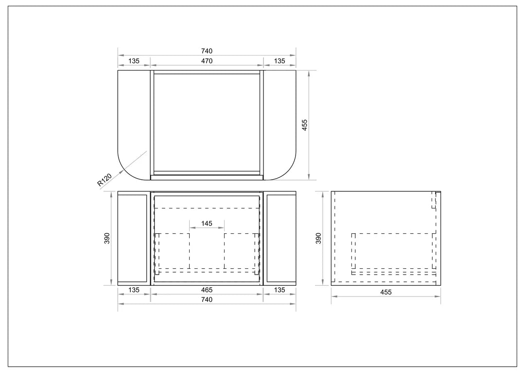 Detailed technical drawing for Mercio Elva Curved Wall-Hung Vanity (740mm width, EL-75W-NO), providing precise measurements for width, depth, height, and the layout of its single soft-close drawer.