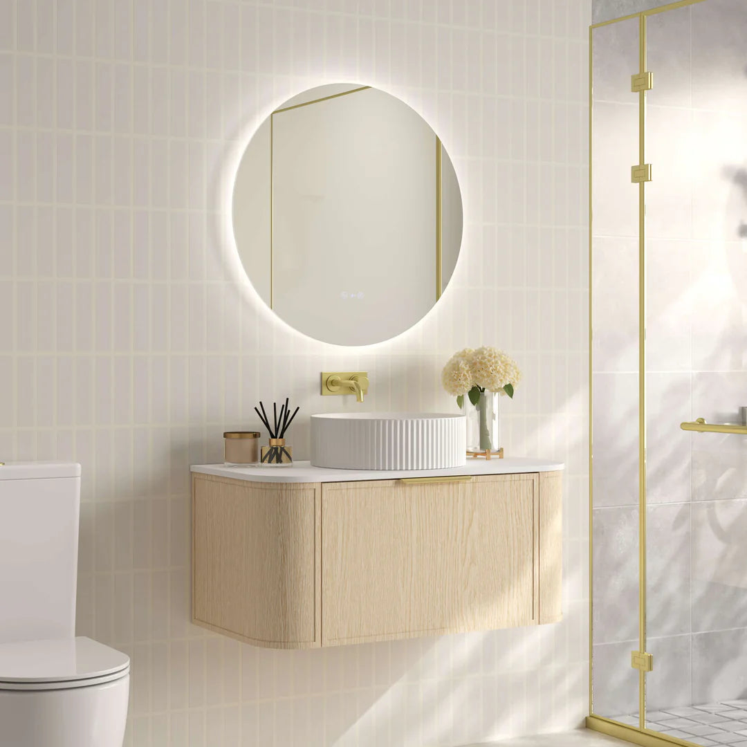 Side view of Mercio Elva 890mm Curved Wall-Hung Vanity in Natural Oak, illustrating its elegant curved profile, space-saving wall-hung design, and seamless integration with a modern bathroom.
