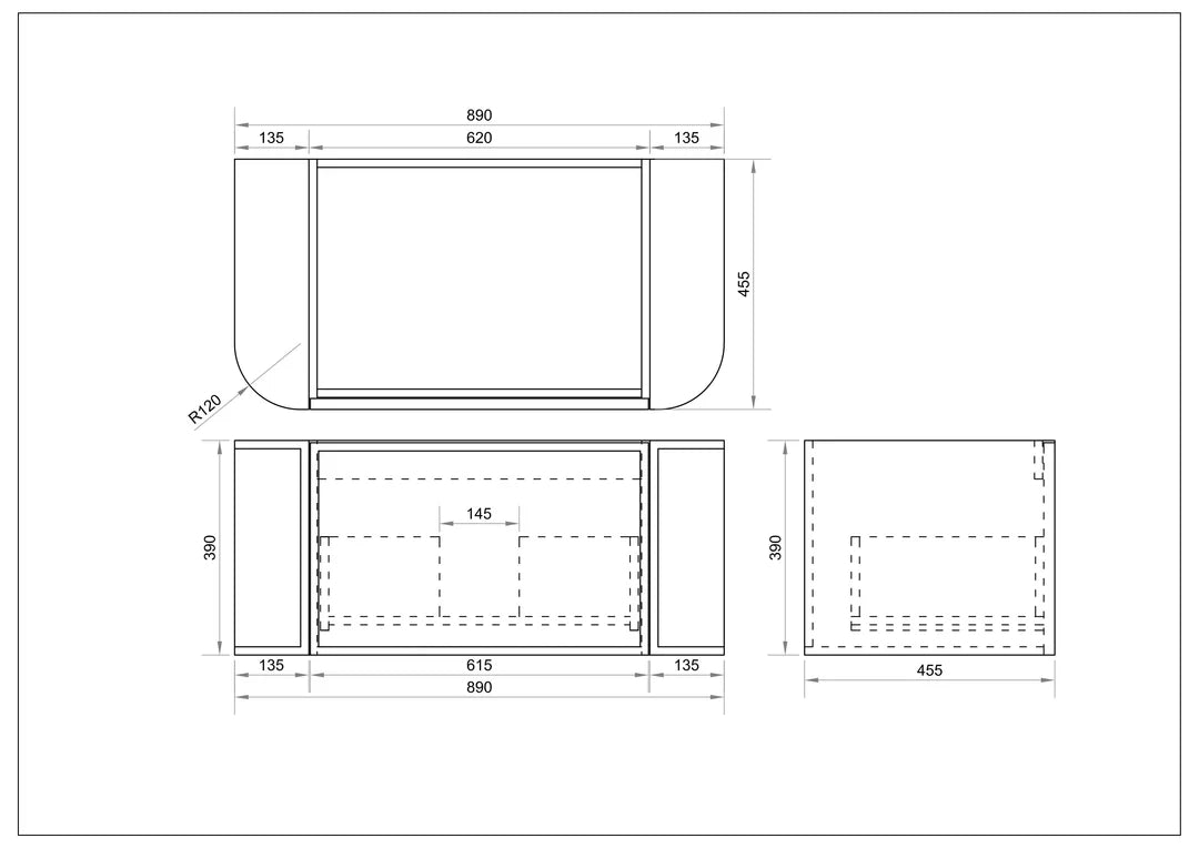 Detailed technical drawing for Mercio Elva Curved Wall-Hung Vanity (890mm width, EL-90W-NO), providing precise measurements for width, depth, height, and the layout of its single soft-close drawer.