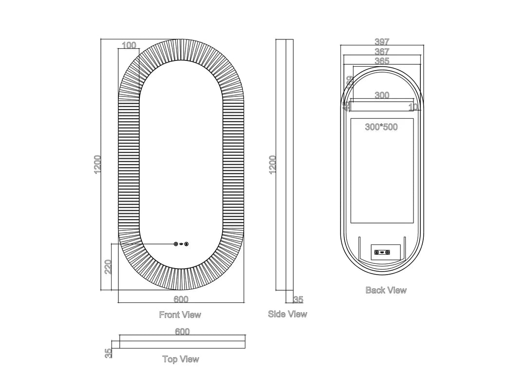 Mercio Freya 600x1200mm LED textured oval mirror technical dimensions and views