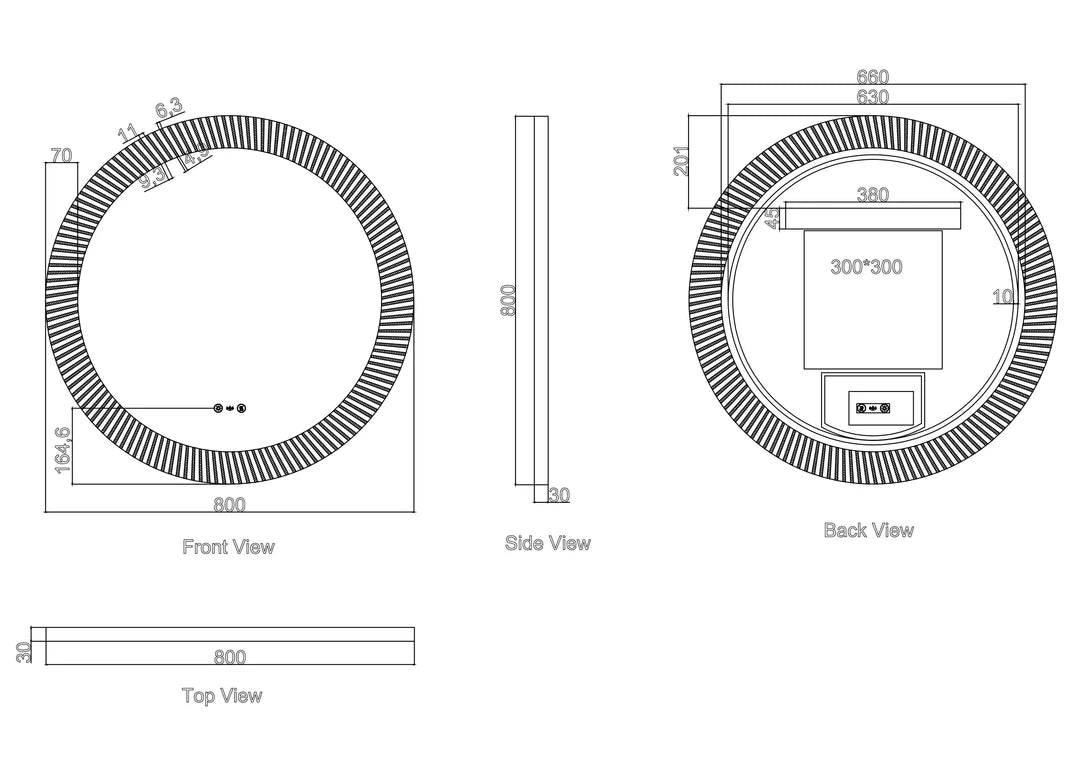 Mercio Freya 800mm round LED bathroom mirror technical drawing with dimensions