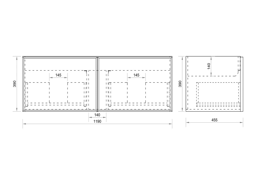Detailed technical drawing for Mercio Paris Wall-Hung Vanity (1490mm width, PA-150W-WW), providing precise measurements for width, depth, height, and the layout of its two soft-close drawers.