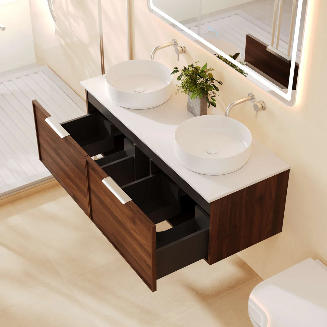 Open view of Mercio Paris Walnut Woodmatt Wall-Hung 1190mm Vanity, revealing spacious soft-close drawers with integrated organisation, highlighting its moisture-resistant construction.
