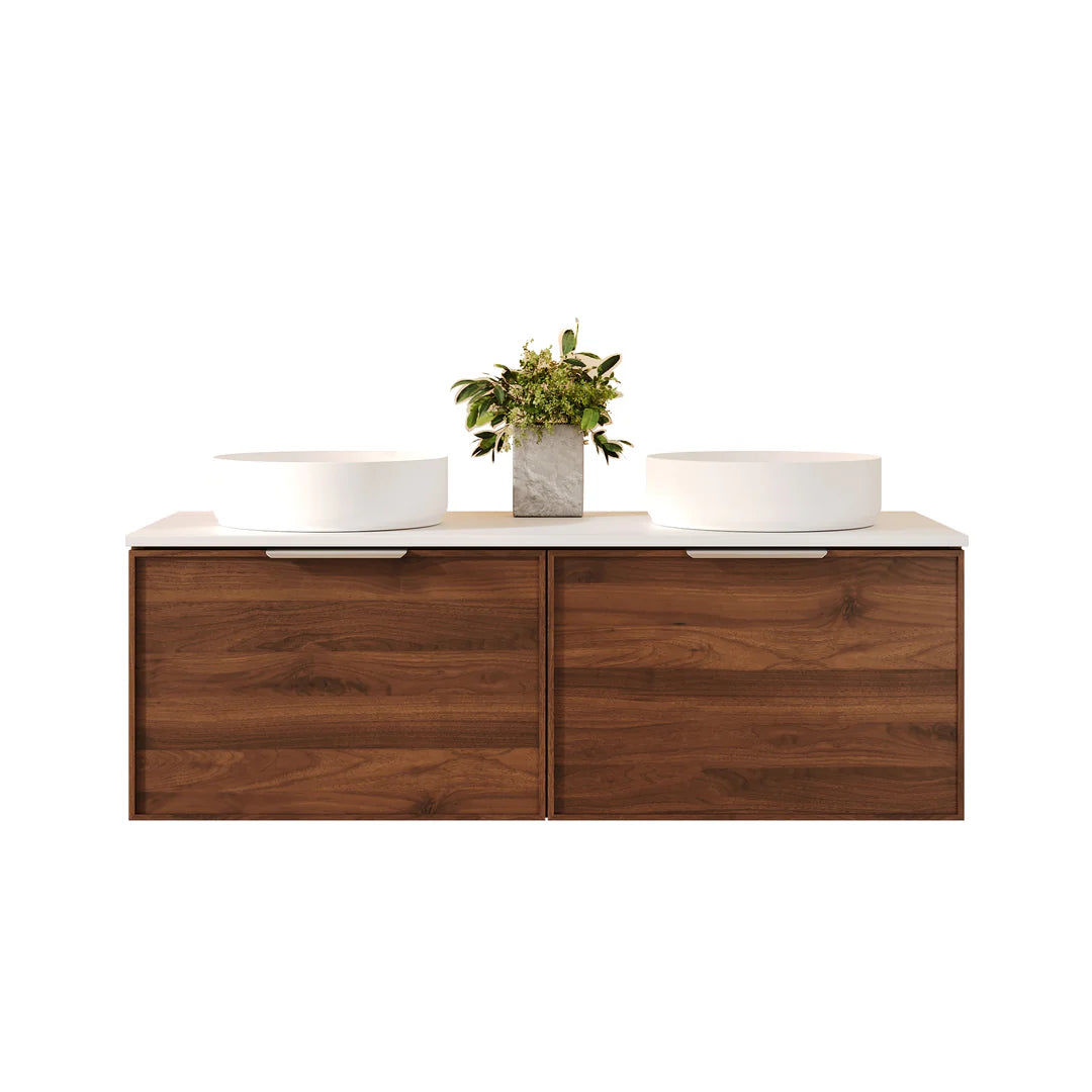 Front view of Mercio Paris 1190mm Wall-Hung Vanity in Walnut Woodmatt, emphasizing its clean straight lines, integrated curved lip pull handle, and ready for a counter-top or integrated basin.