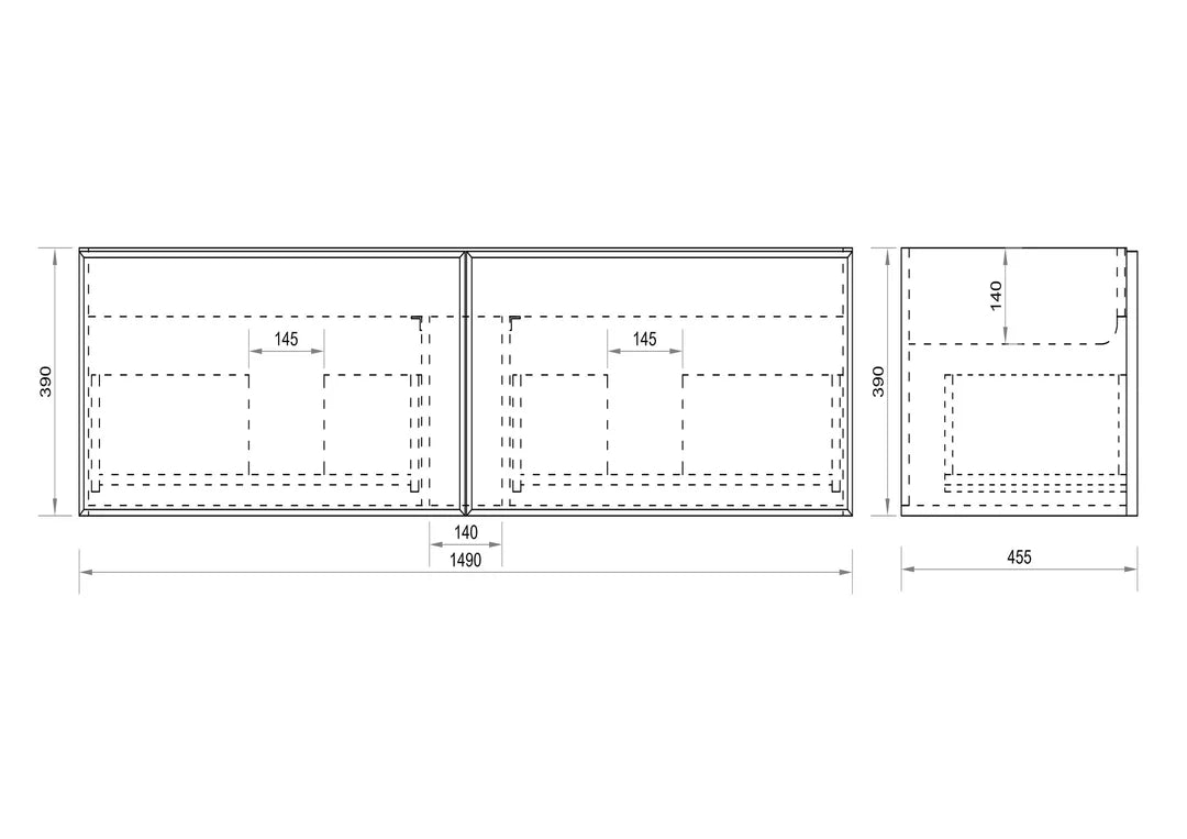 Detailed technical drawing for Mercio Paris Wall-Hung Vanity (1190mm width, PA-120W-WW), providing precise measurements for width, depth, height, and the layout of its two soft-close drawers.