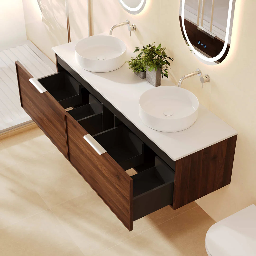 Open view of Mercio Paris Walnut Woodmatt Wall-Hung 1490mm Vanity, revealing spacious soft-close drawers with integrated organisation, highlighting its moisture-resistant construction.