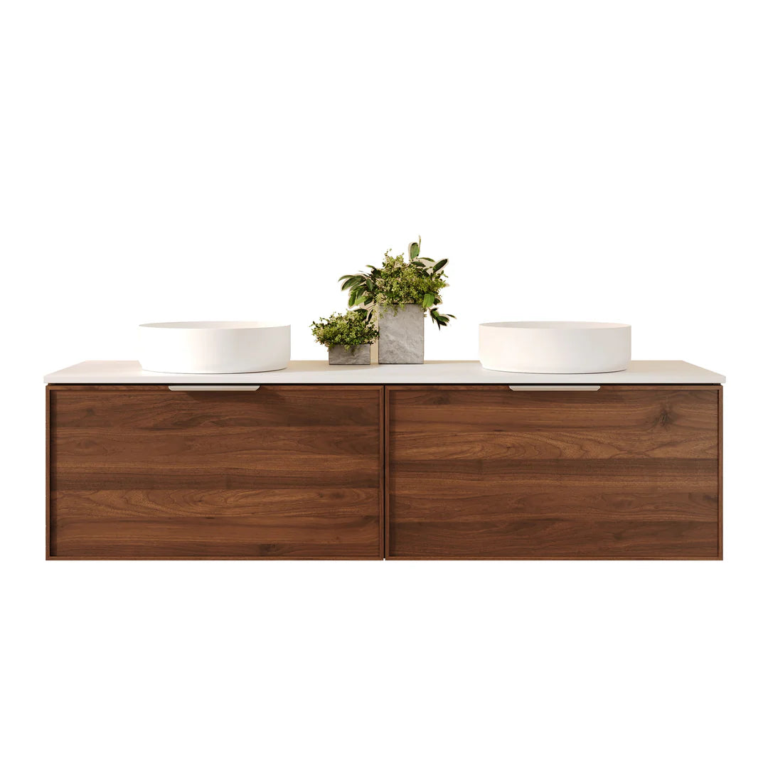 Front view of Mercio Paris 1490mm Wall-Hung Vanity in Walnut Woodmatt, emphasizing its clean straight lines, integrated curved lip pull handle, and ready for a counter-top or integrated basin.