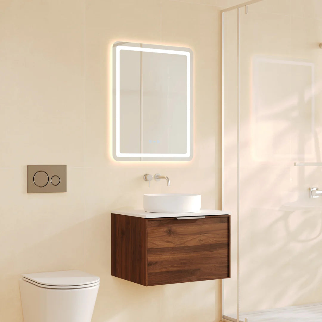 Close-up of the 590mm Mercio Paris Vanity's refined Walnut Woodmatt finish, detailing the rich timber-look texture and its moisture-resistant properties.