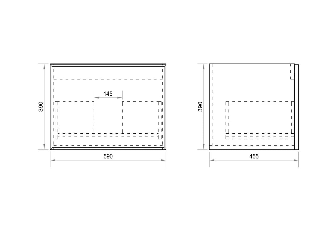 Detailed technical drawing for Mercio Paris Wall-Hung Vanity (590mm width, PA-60W-WW), providing precise measurements for width, depth, height, and the layout of its single soft-close drawer.