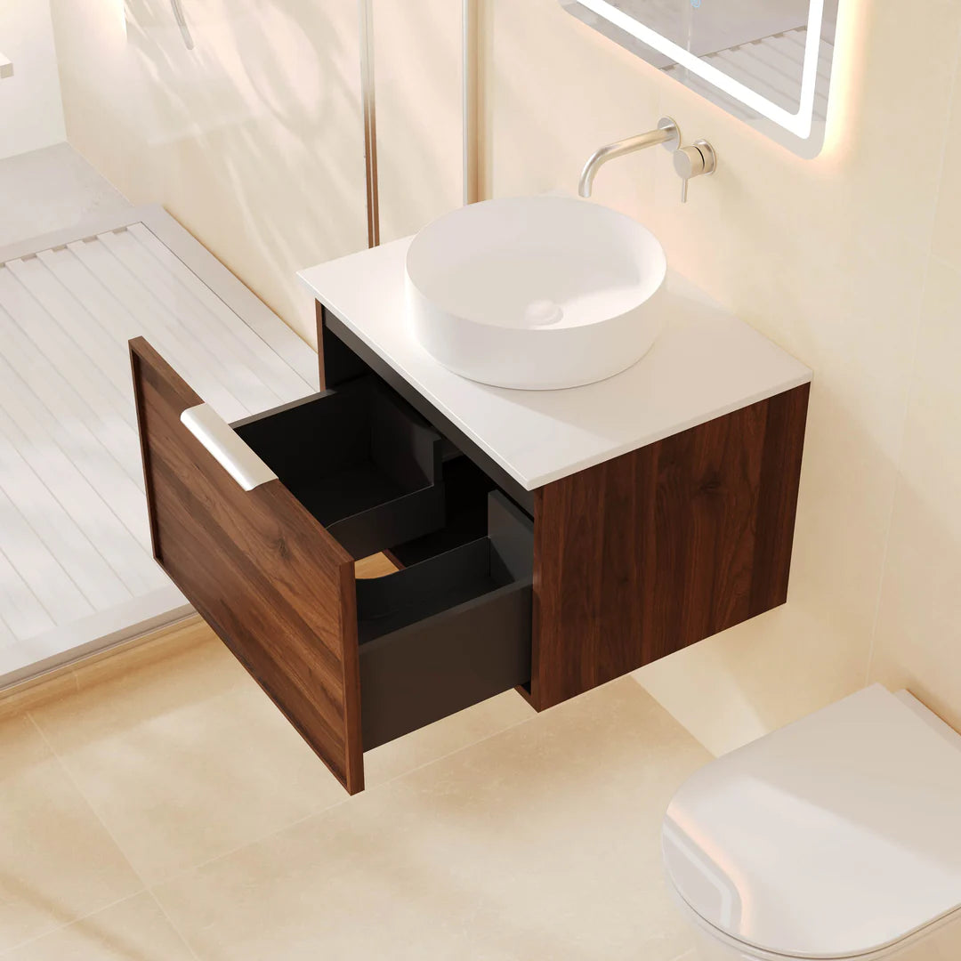 Open view of Mercio Paris Walnut Woodmatt 590mm Wall-Hung Vanity, revealing spacious soft-close drawers with integrated organisation, highlighting its moisture-resistant construction.