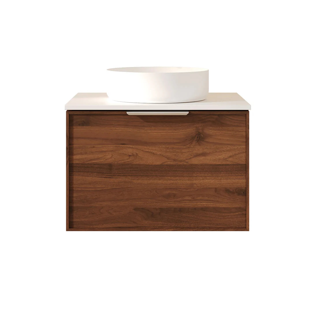 Front view of Mercio Paris 590mm Wall-Hung Vanity in Walnut Woodmatt, emphasizing its clean straight lines, integrated curved lip pull handle, and ready for a counter-top or integrated basin.