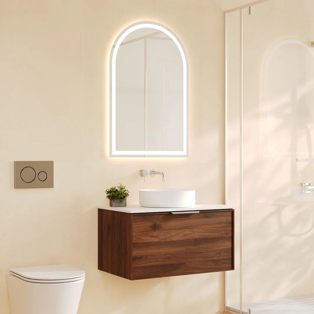 Close-up of the 740mm Mercio Paris Vanity's refined Walnut Woodmatt finish, detailing the rich timber-look texture and its moisture-resistant properties.