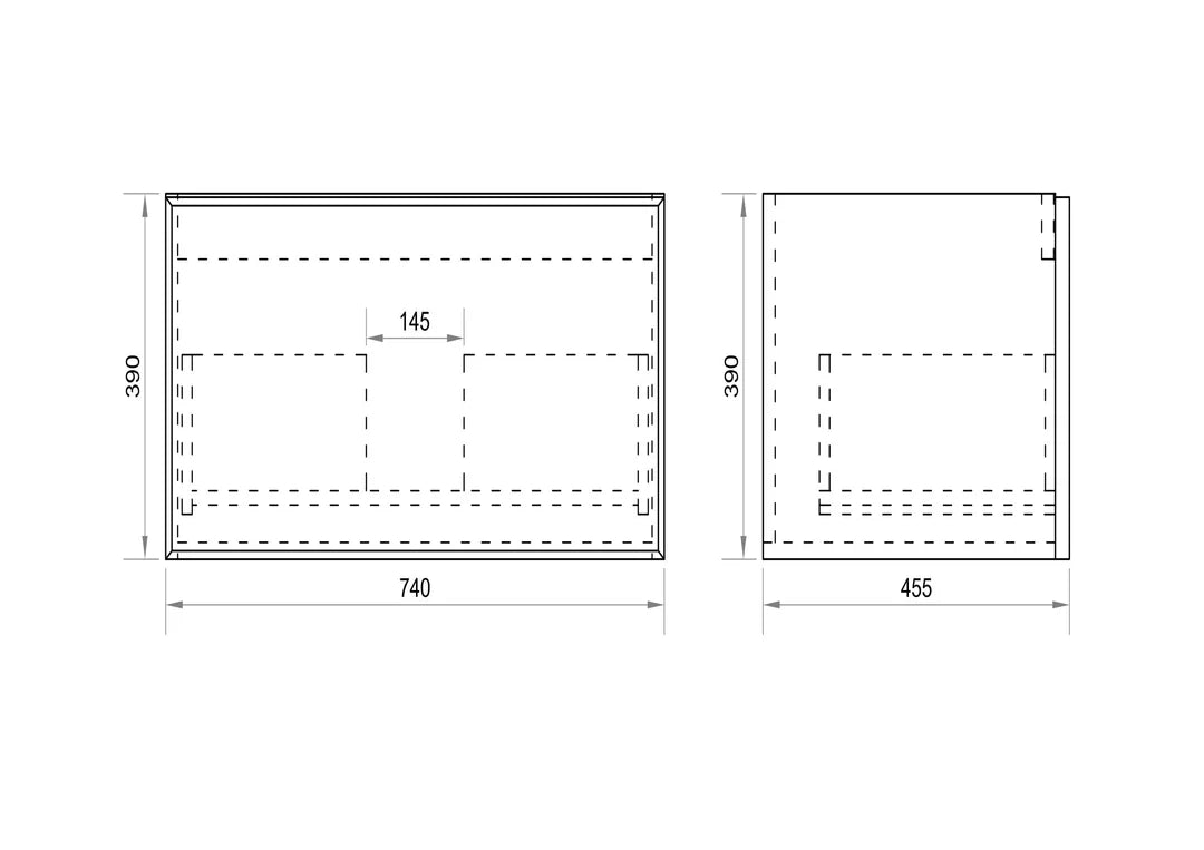 Detailed technical drawing for Mercio Paris Wall-Hung Vanity (740mm width, PA-75W-WW), providing precise measurements for width, depth, height, and the layout of its single soft-close drawer.