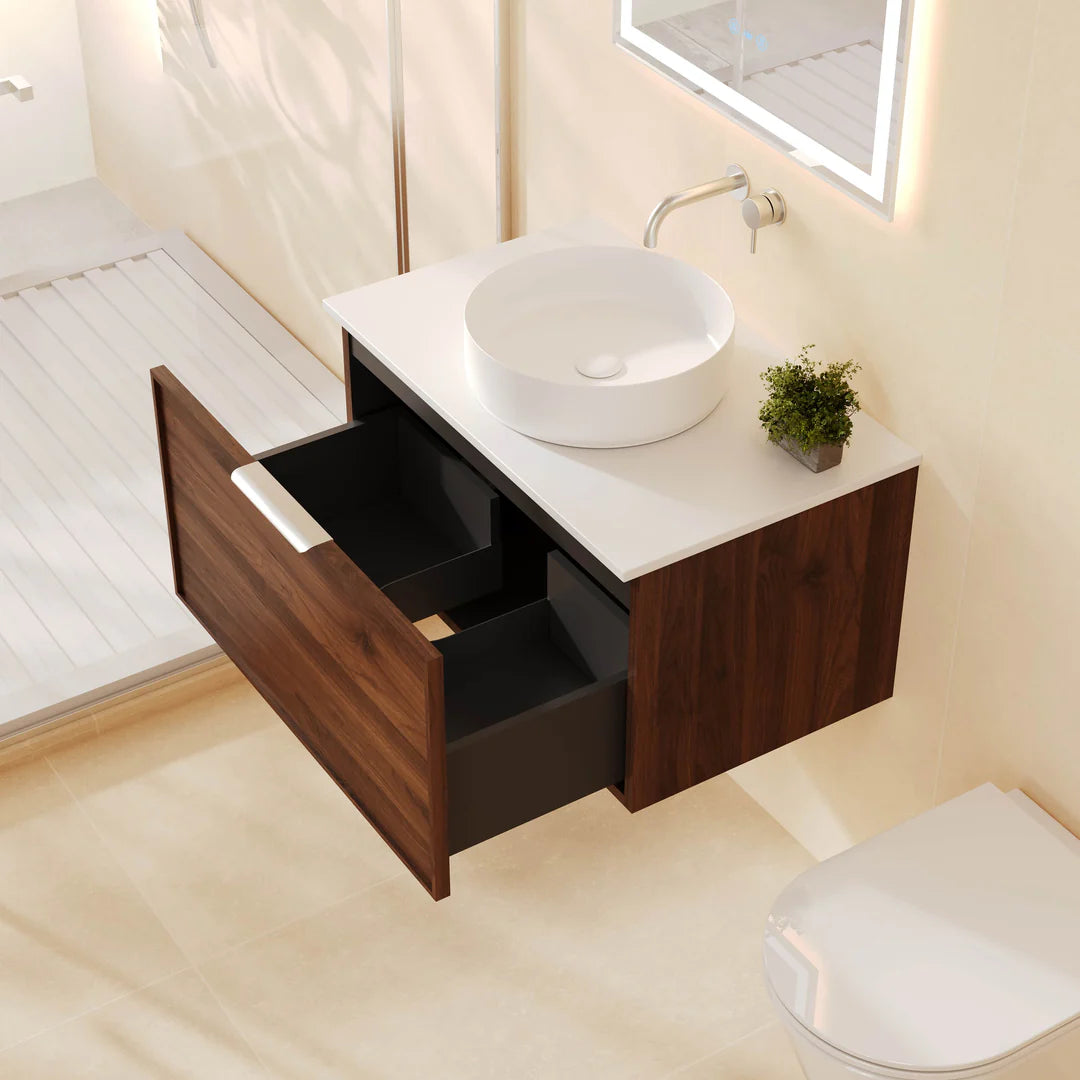 Open view of Mercio Paris Walnut Woodmatt Wall-Hung 740mm Vanity, revealing spacious soft-close drawers with integrated organisation, highlighting its moisture-resistant construction.