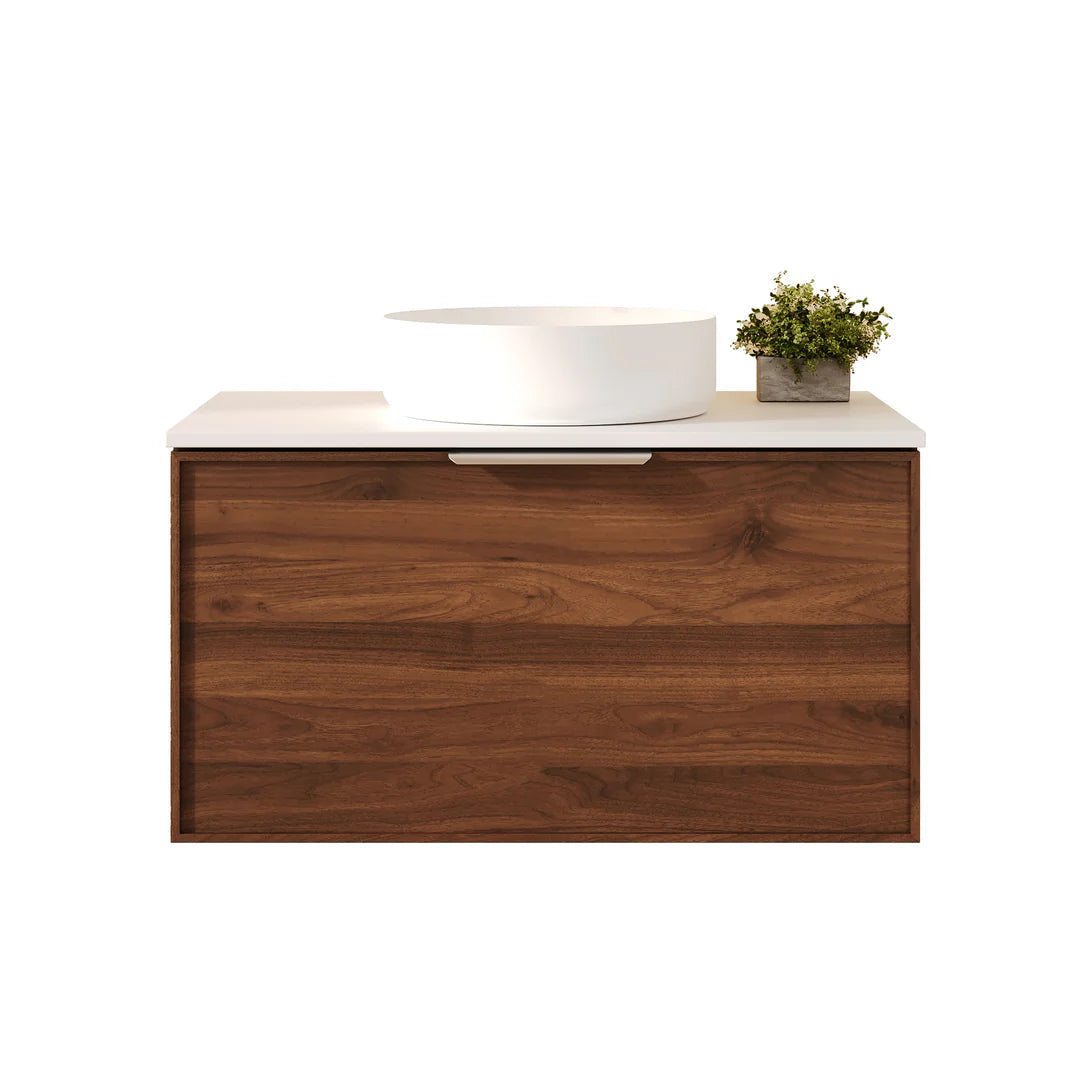 Front view of Mercio Paris 740mm Wall-Hung Vanity in Walnut Woodmatt, emphasizing its clean straight lines, integrated curved lip pull handle, and ready for a counter-top or integrated basin.