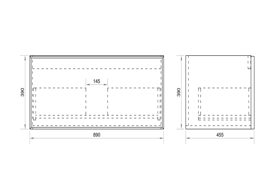 Detailed technical drawing for Mercio Paris Wall-Hung Vanity (890mm width, PA-90W-WW), providing precise measurements for width, depth, height, and the layout of its single soft-close drawer.