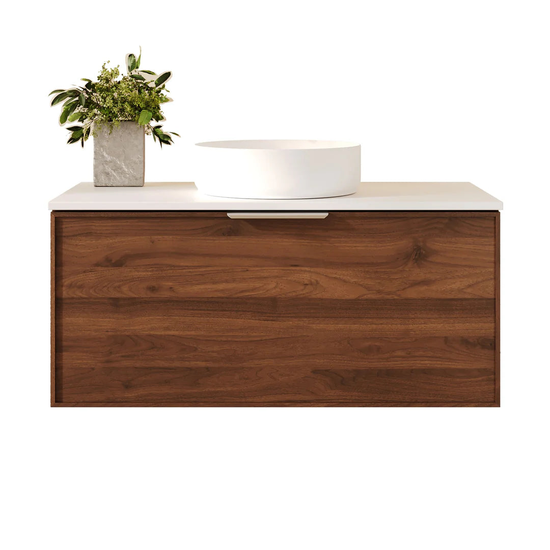 Front view of Mercio Paris 890mm Wall-Hung Vanity in Walnut Woodmatt, emphasizing its clean straight lines, integrated curved lip pull handle, and ready for a counter-top or integrated basin.