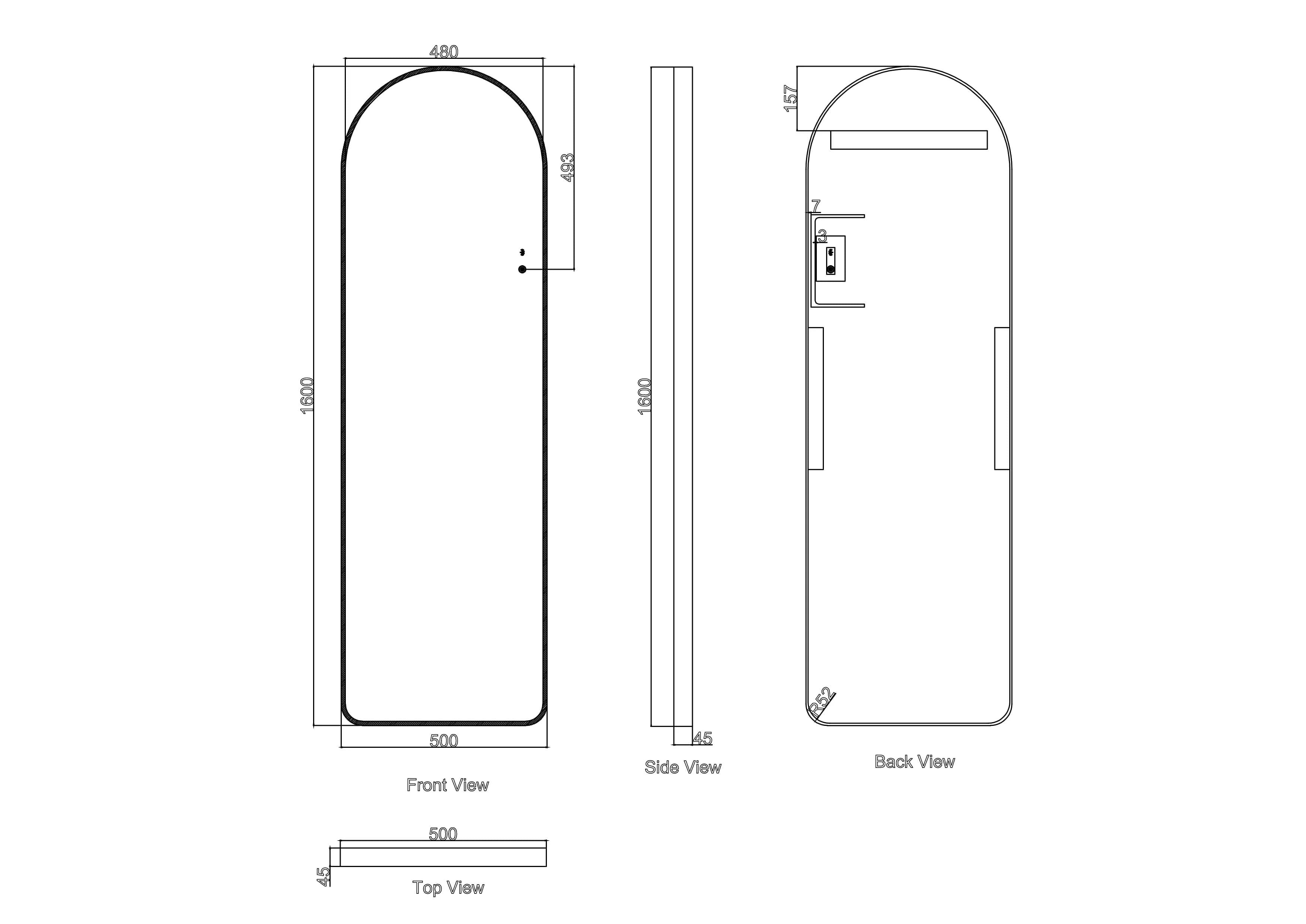 Mercio Saga 500x1600mm arch LED mirror brushed gold dimensions diagram, Secasa Home