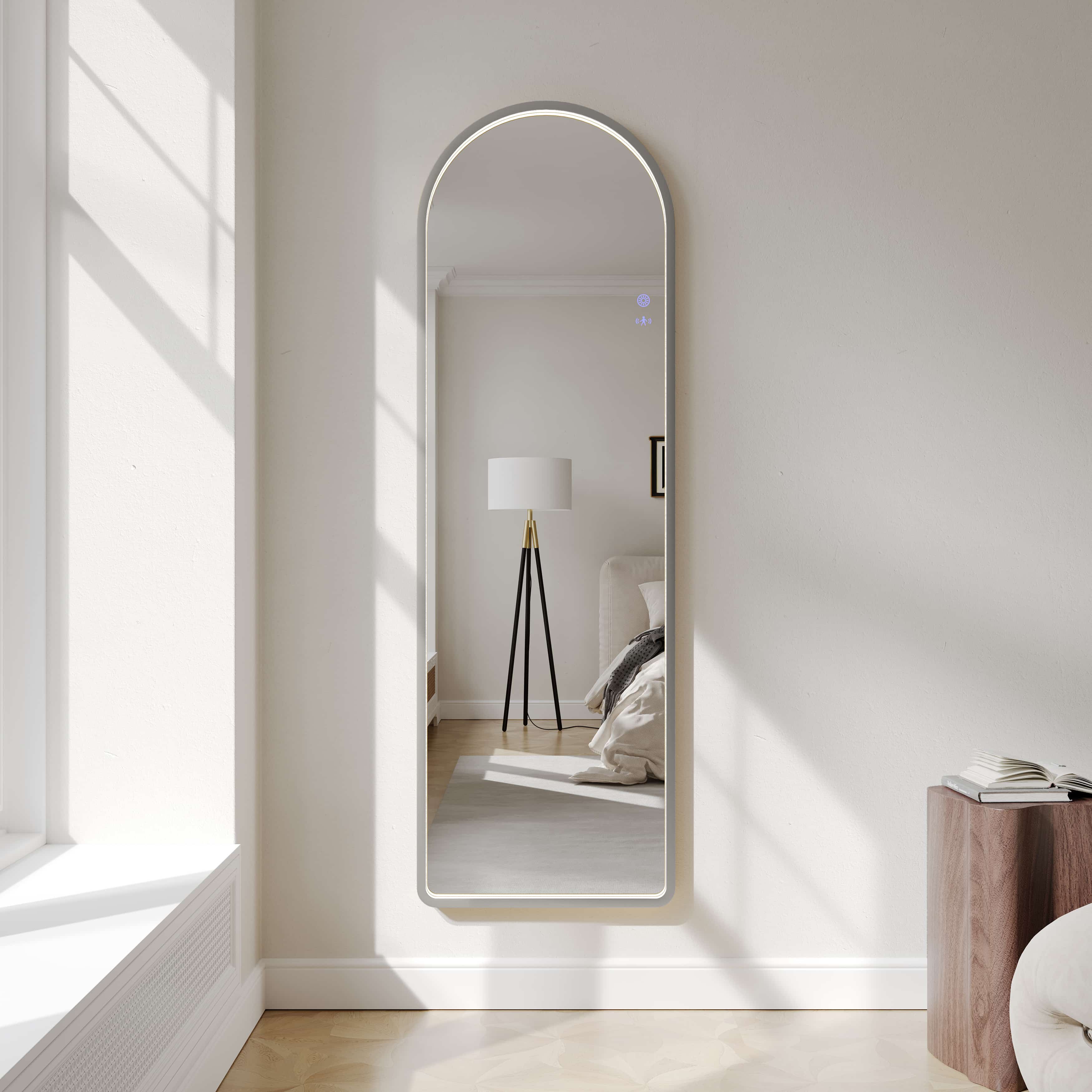Wall mounted arch LED mirror brushed nickel in modern bedroom, natural light, Secasa Home