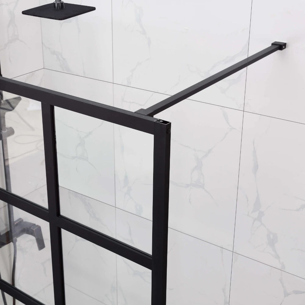 Close-up of the 15-printed grill design on a 10mm toughened glass walk-in shower panel.