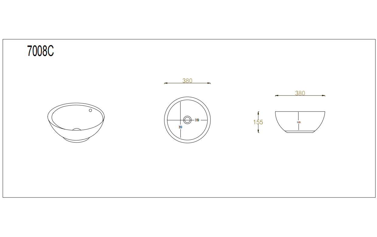 Orbi Fine Ceramic Above Counter Basin dimension drawing (380×380×150 mm)