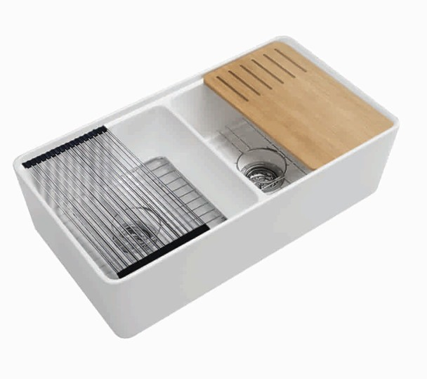 Orta Fireclay Farmhouse Sink 835mm double bowl in gloss white with workstation