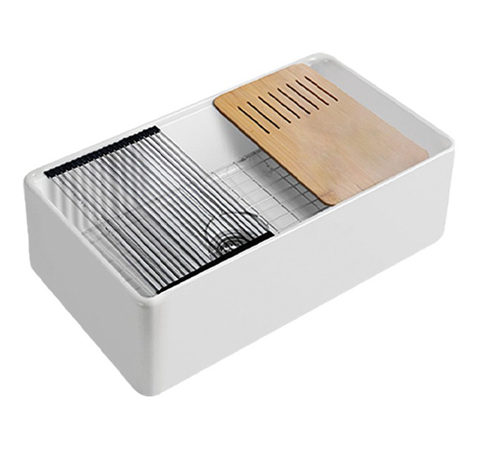 Orta Fireclay Farmhouse Sink 835mm single bowl in gloss white with workstation