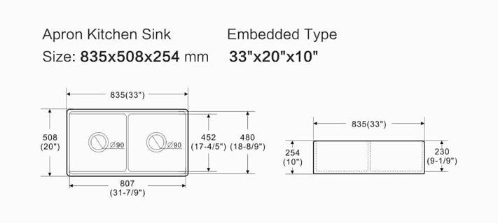 Technical dimensions drawing of Orta Fireclay Farmhouse Sink 835mm double bowl