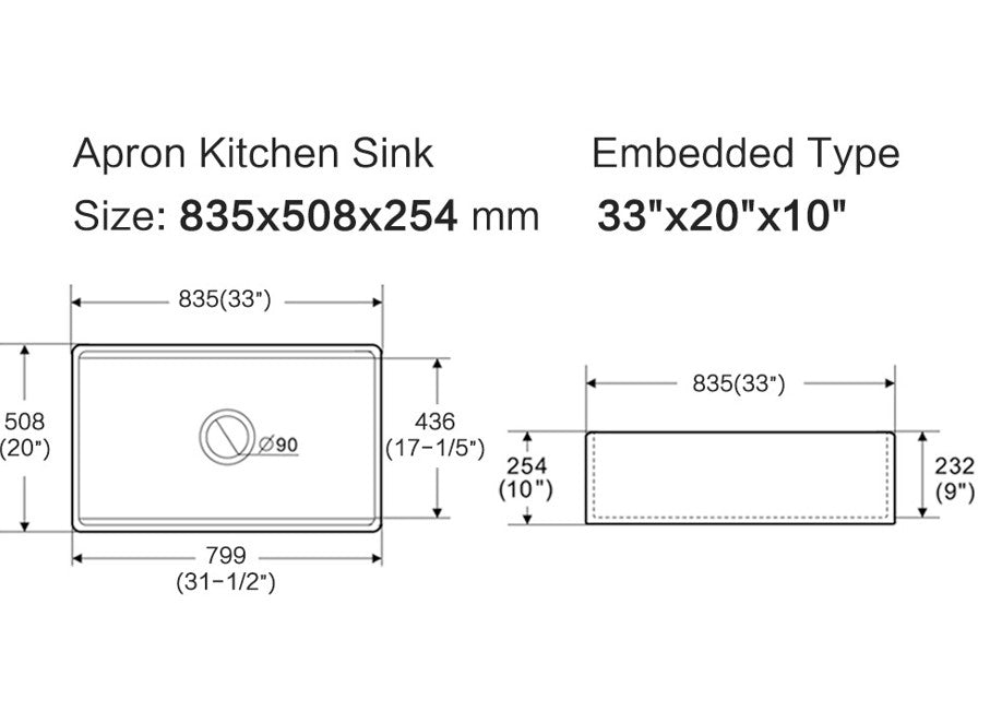 Technical dimensions drawing of Orta Fireclay Farmhouse Sink 835mm double bowl